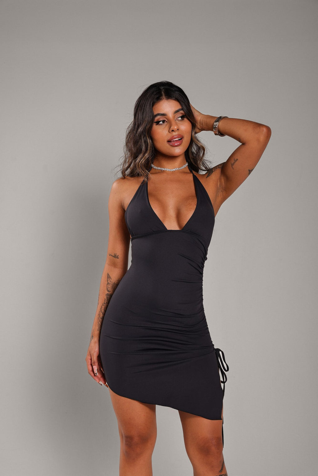 Vestido Curto Malibu Poliamida Drapeado Preto